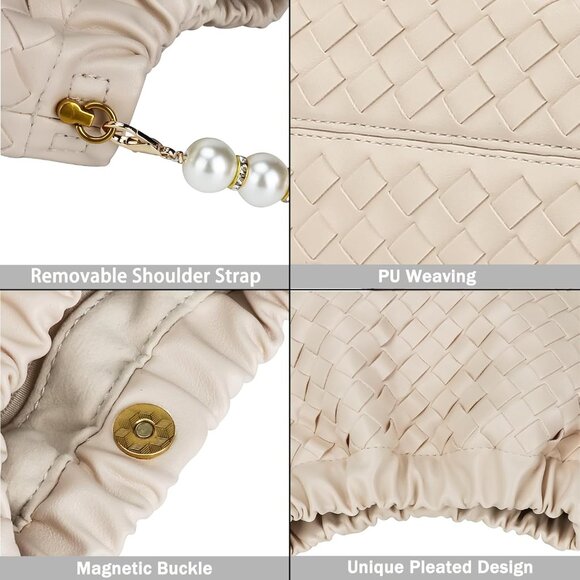 ⚡ Women's Tan Leather Dumpling Pearl Chain Evening Crossbody Clutch Bag - Picture 5 of 7